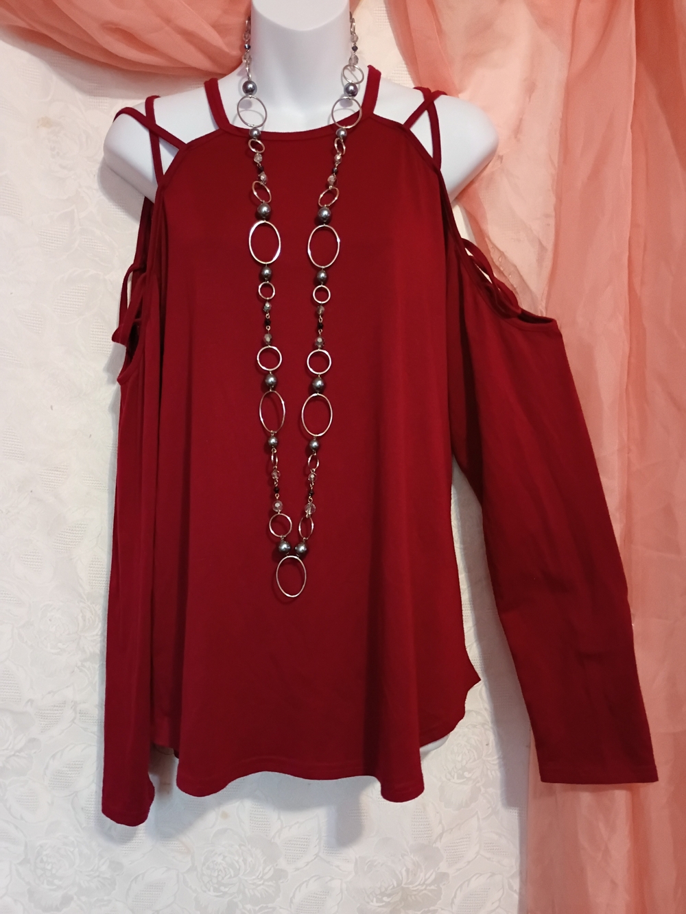Ladies Cold-Shoulder Strappy Long-Sleeve Top in Burgundy Sz XL